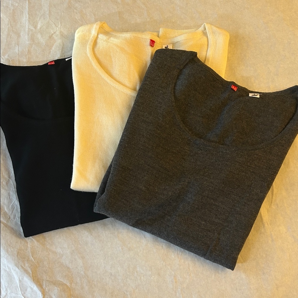 (SOLD) Uniqlo Cream/Black/Gray Short Sleeve Women's Wool Sweater